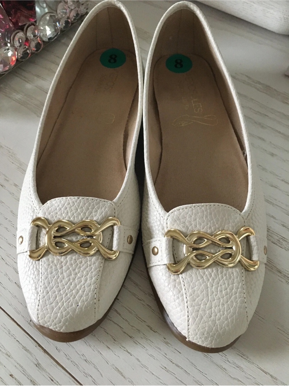 Women's White Faux Leather Loafers with Gold Accent